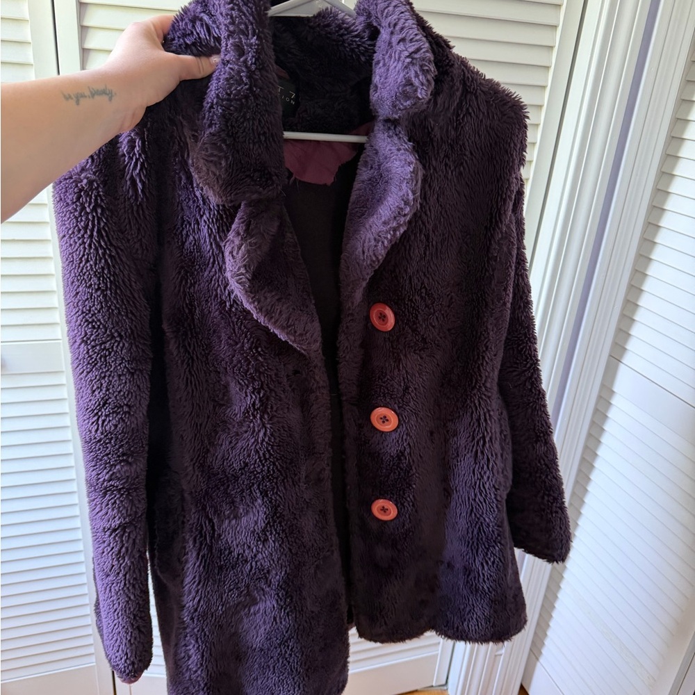 Plush Purple Women's Faux Fur Coat with Button Front